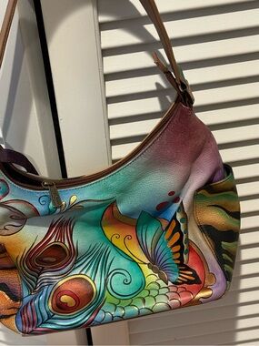 Anuschka Multicolor Peacock Feather & Butterfly Shoulder Bag